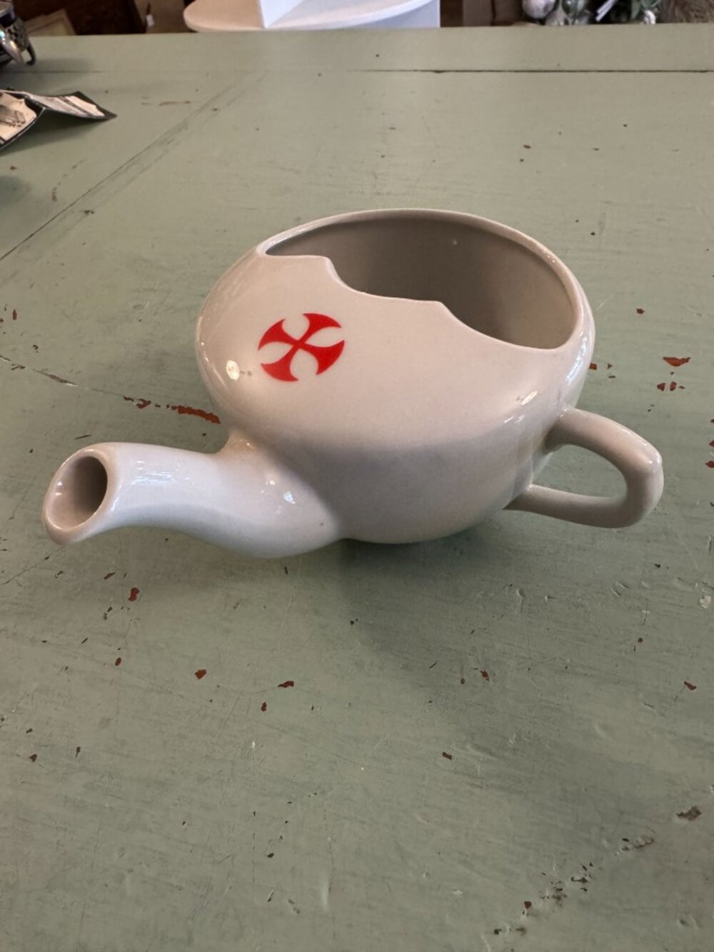 Vintage 1930s English Pap Boat Invalid Feeder With St George Style Red Cross